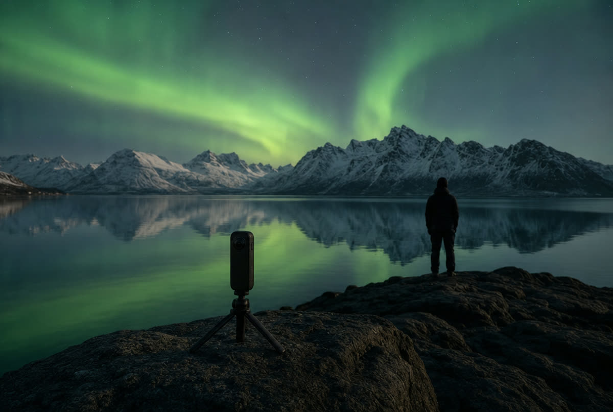360 camera on a mini tripod by a fjord under the northern lights