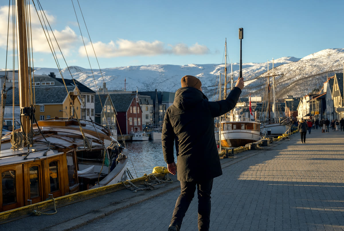 Person walking on a Tromsø quay holding a 360 camera high on a stick