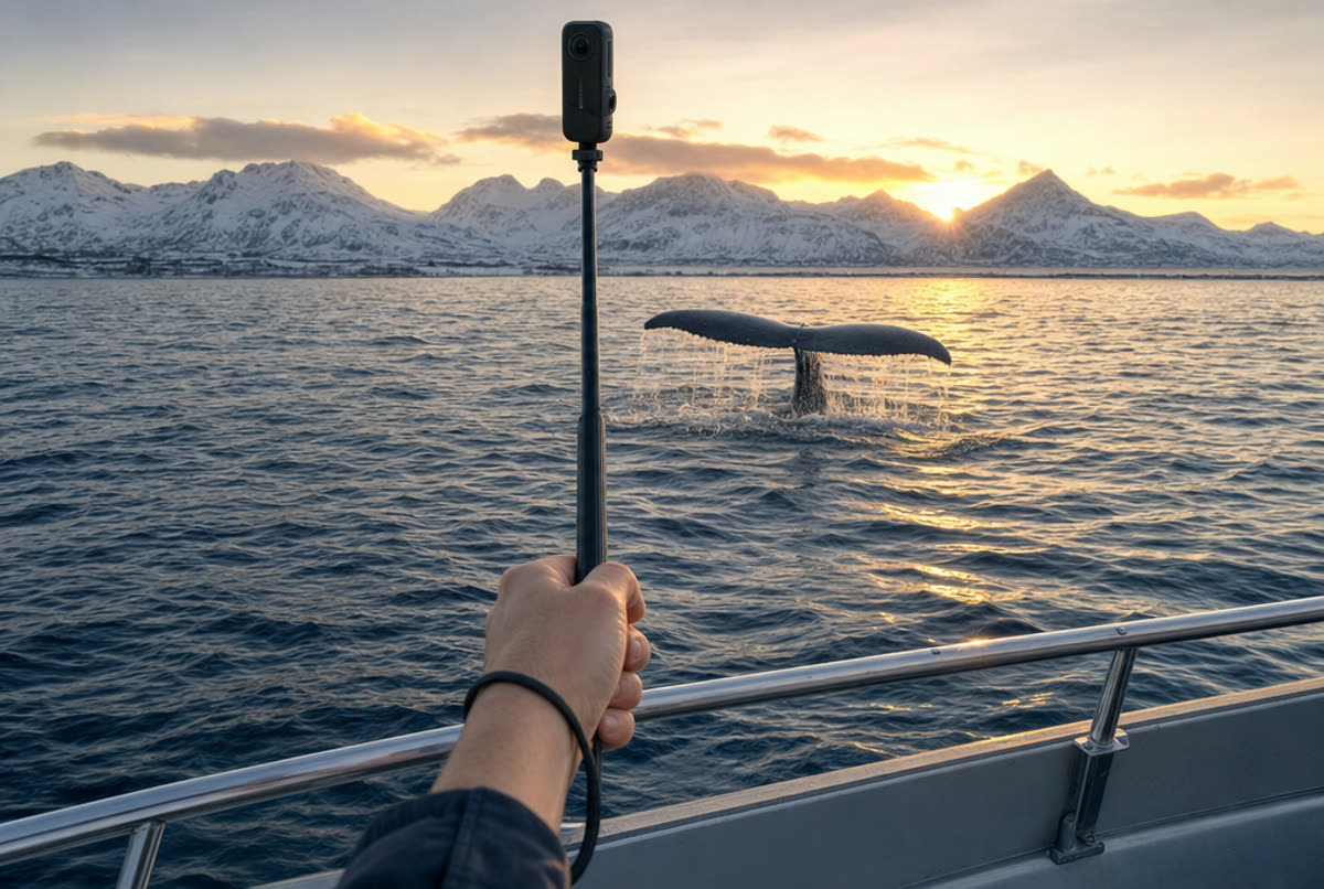 360 camera on a selfie stick held over a boat railing, whale tail in the water